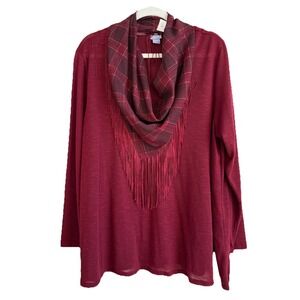Laura Scott Women's 2X Burgundy Knit Top & Fringe Plaid Scarf Set NEW Chic Boho